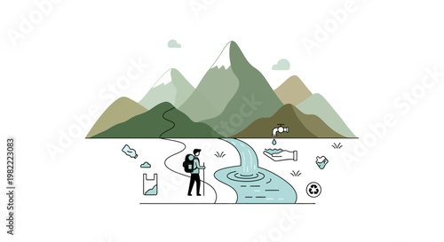 Hiker in mountain landscape with environmental protection symbols for sustainable nature travel