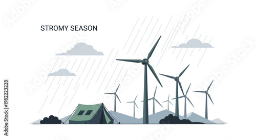 Stormy season illustration with wind turbines and a camping tent in the rain.
