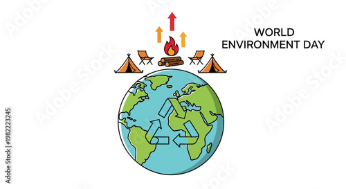World Environment Day illustration with Earth globe and camping elements