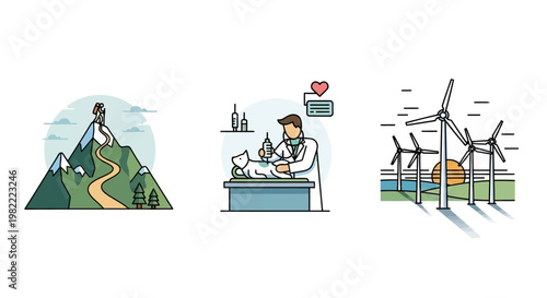 Collection of flat line icons featuring a mountain hiker, a vet with a cat, and wind turbines