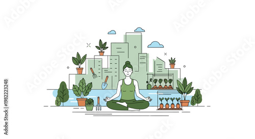 Woman meditating in urban garden surrounded by plants and city buildings