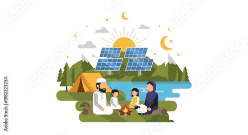 Muslim family enjoys camping with solar power and a campfire.