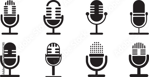 Set of microphone icons. vector illustration of flat style podcast, radio, studio, voice recorder symbols.