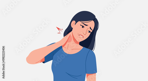 Vector illustration of a woman in pain clutching her sore neck and shoulder