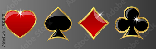 Playing card suits, poker icons, heart, spade, diamond, club symbols, vector graphics