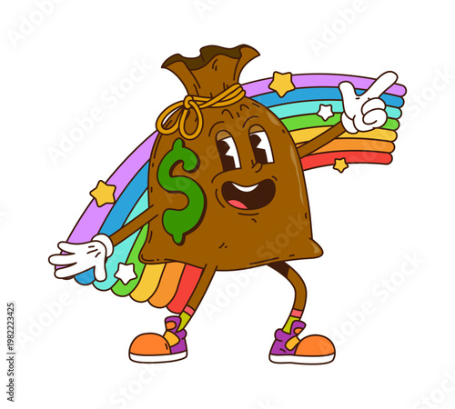 Cartoon groovy money bag hippie funky business and finance character with rainbow. Isolated vector retro brown moneybag vintage y2k personage. Hefty burlap sack of cash with a dollar sign on its side