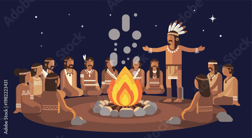 Indigenous tribe members gather around a campfire under a clear starry night sky