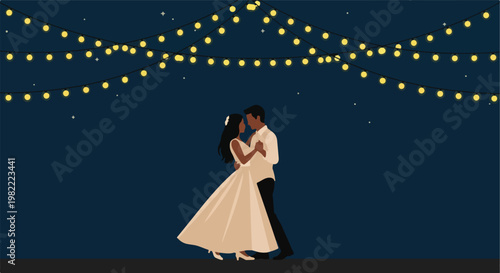 A romantic couple dancing under yellow string lights against a dark blue sky art