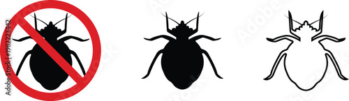 Bug insect icon set collection group, pest beetle bug, insect parasite symbol, no bug sign, infestation control icons in black flat and line style vector, pest control warning symbol pack