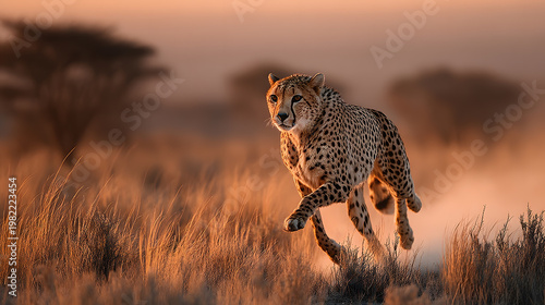 Cheetah's Sprint: A cheetah explodes with speed across the savanna, its spotted coat blurring against the warm hues of the setting sun, an ultimate embodiment of speed and agility.