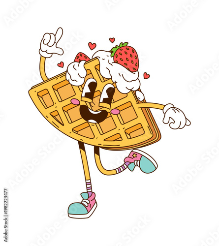 Retro cartoon groovy Belgian waffle character topped with whipped cream, strawberry berries and surrounded by hearts. Vector freshly baked wafer cute breakfast y2k personage, funky pastry hippie snack