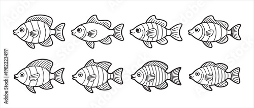 Fish swim icons set. in two rows, featuring simple line art in black and white, vector illustration.