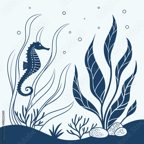 Seahorse swimming among seaweed and rocks in deep blue tones with bubbles drift upwards in the calm, deep blue underwater scene, sea life