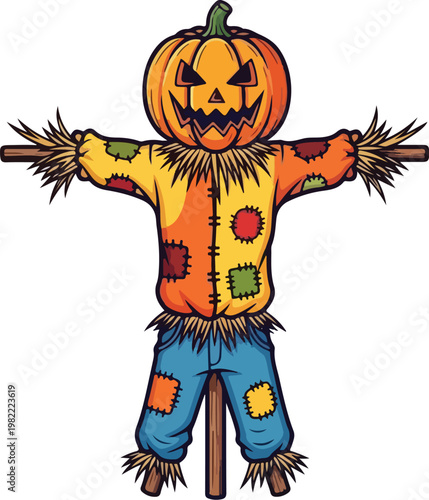 Creative scarecrow with a carved pumpkin head for a festive autumn display vector illustration
