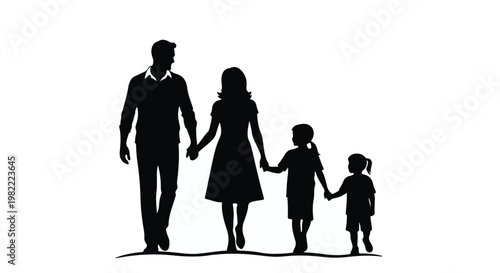 Family silhouette consisting of parents and two children walking together represents unity and happiness.