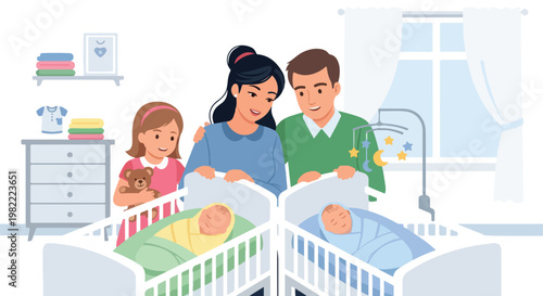 Happy family with young daughter watching newborn twin babies sleep in the cribs
