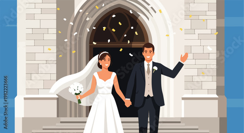 Happy newlywed couple walking out of a stone church while confetti falls