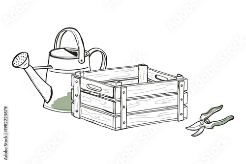 This vector illustration features essential gardening tools including a watering can, a wooden crate, and pruning shears. Perfect for garden-themed design projects.