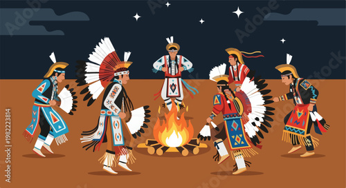 Native American dancers perform a ritual dance around a fire under a starry sky
