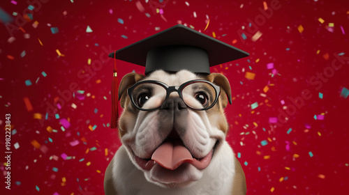 Funny english bulldog wearing graduation cap and glasses with tongue out surrounded by colorful confetti on red background in studio light creating festive scene. Concept of celebration and achievemen