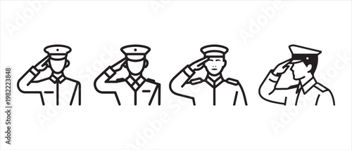 Military officers in uniform saluting, minimalist line art vector illustration.
