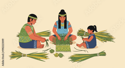 Family of indigenous people sitting and weaving mats with long green palm leaves