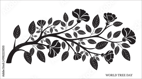 World Tree Day minimal floral branch design elegant black botanical silhouette, nature conservation awareness illustration.
