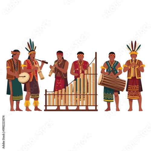 Six indigenous men in folk attire playing several traditional bamboo instruments