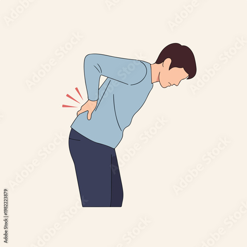 Man bending forward holding his lower back in pain, stylized vector illustration