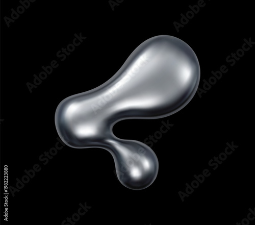 3d liquid chrome metal drop and shape with smooth glossy silver surface and soft texture. Realistic vector molten fluid or mercury drop, isolated futuristic y2k metallic form holographic flux blob