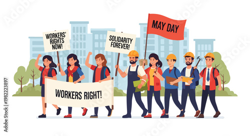 Diverse workers in city street marching for labor rights with signs and red flag