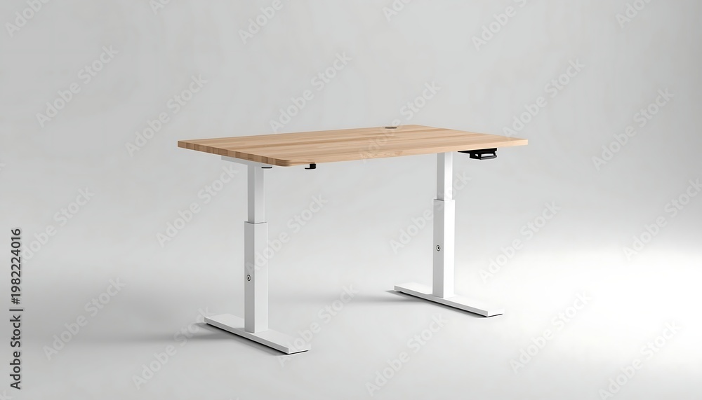 Fototapeta premium A modern, minimalist light wood standing desk with white adjustable legs is prominently displayed against a clean background.