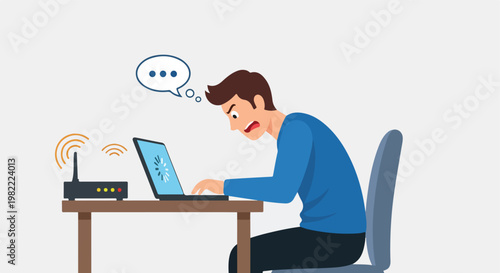 Angry man frustrated by slow internet loading on laptop at desk with wifi router