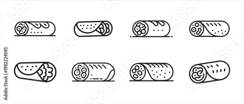 Set of Mexican burrito line art icons. showing filling variations, flat design vector illustration.