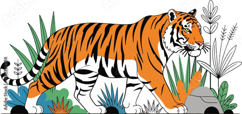 A tiger and a zebra in a lush green savanna habitat vector illustration