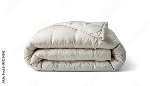 A plush, soft white duvet or comforter is neatly folded and casually draped, ready for a comfortable night's sleep.