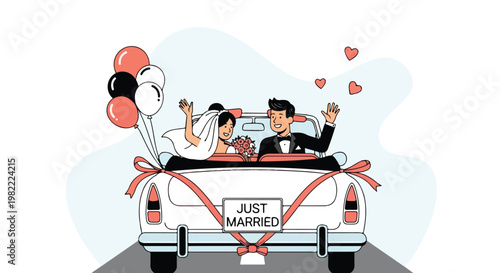 Happy newlyweds waving from a decorated white convertible with Just Married sign