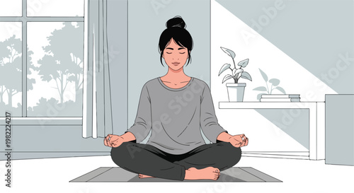 Young woman practicing meditation in lotus pose indoors with a minimalist vibe