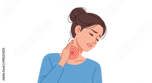 An illustration of a woman touching a sore throat with a red target pain symbol