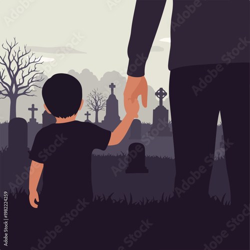 Child and adult holding hands in a somber cemetery with rows of tombstones