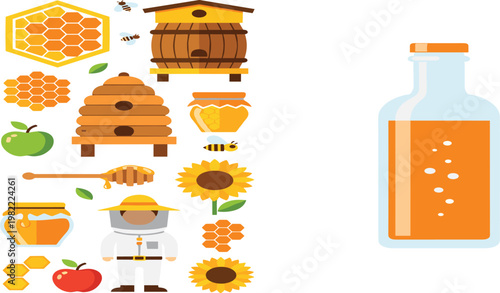 Beehive, Honey, and Sunflower Icon Set with Bees, Honey Jars, and Beekeeper in Flat Vector Style