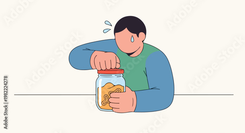 Man in blue and green shirt sweating while struggling to open a sealed food jar