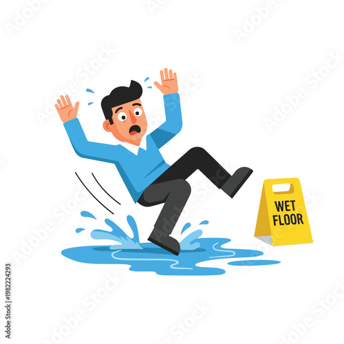 A cartoon man in blue sweater slips on a wet puddle beside a yellow hazard sign