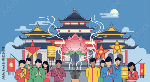 People with lanterns and a lotus at a pagoda temple under a moonlit night sky