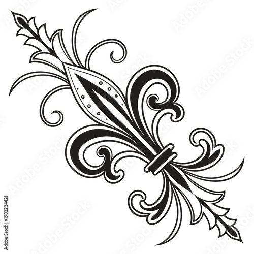 Fleur-de-lis ornate decorative element with decorative scrollwork illustration ornamental traditional heraldry embroidery monogram