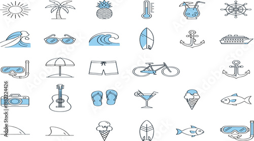 Blue and White Summer Vacation Icon Set with Surfing, Beach Accessories, Tropical Drinks, and Ocean Activities