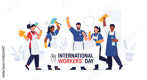 Cleaning staff celebrating International Workers' Day with banner and tools