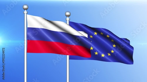 Russia and European Union National Flag Waving on Pole Loop