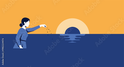Flat vector illustration of a woman sowing seeds during a vibrant orange sunset