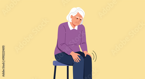 Elderly woman sitting and touching her painful, shaking knee in flat illustration